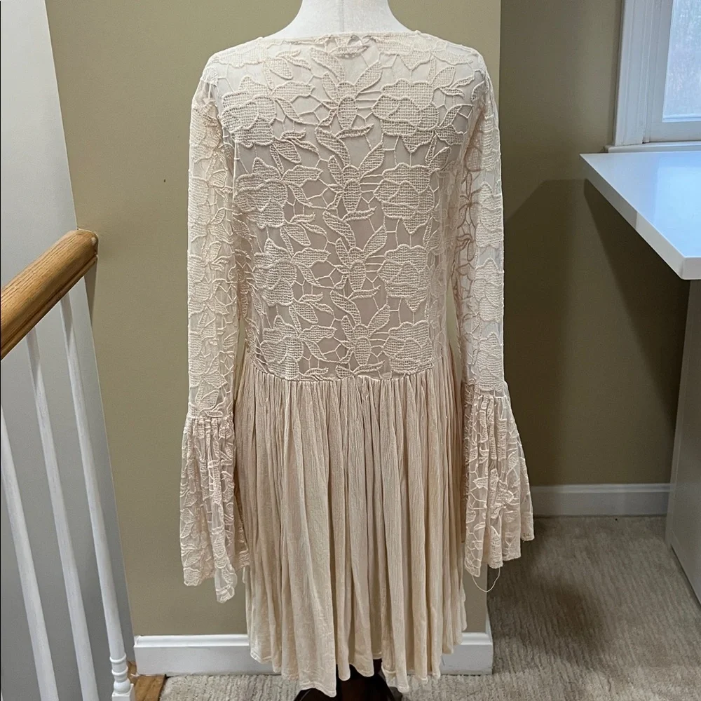 Free People Cream Lace & Pleated Long Sleeve Tunic Dress Size L